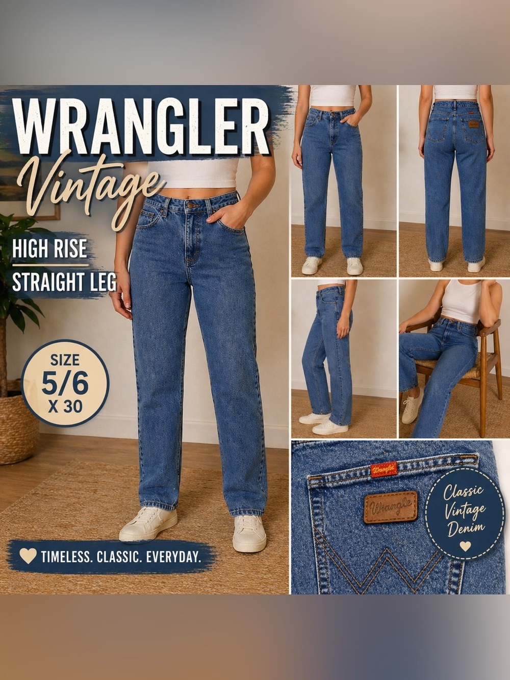 Wrangler Vintage Straight Leg Jeans High Rise Medium Wash Size 5/6 x 30